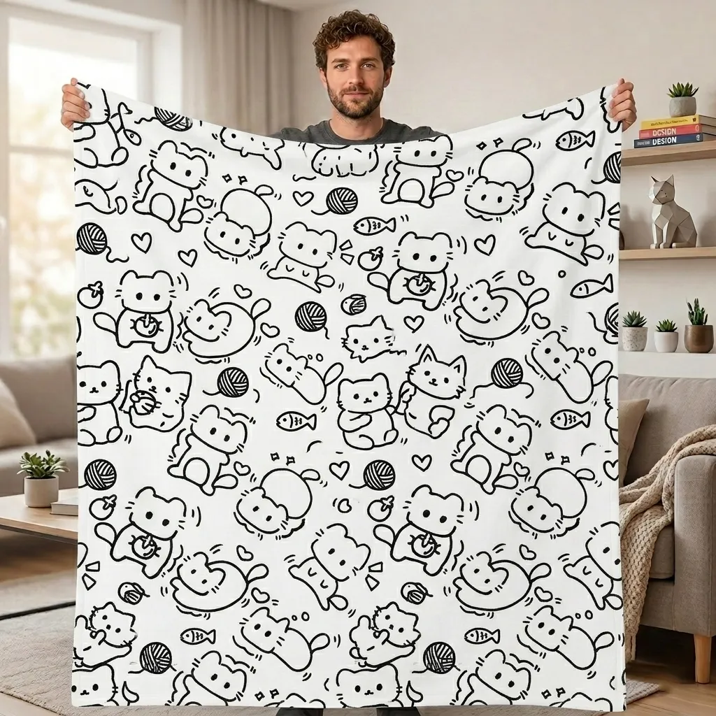 Marker Art Blanket, Cat Sketch ,Customizable Washable Colorfast Art Blanket for Kids & Adults - MyHawaiianShirts