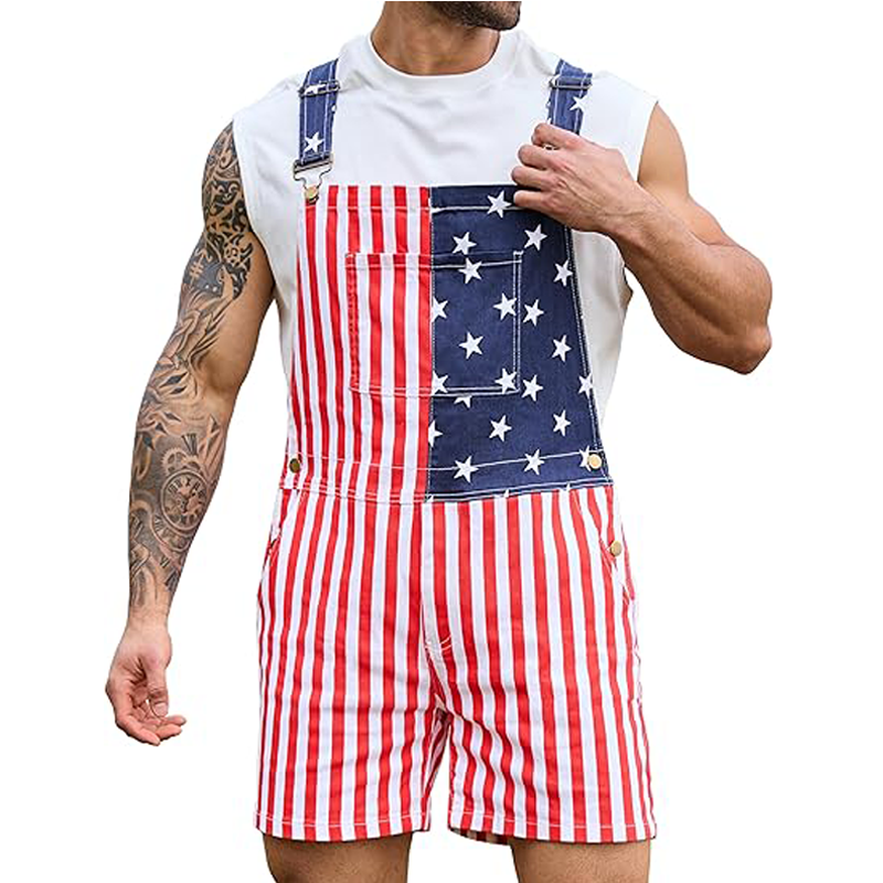 4th of July American Flag Overalls Festival Bib Overalls for Men Shorts Jumpsuit Adjustable Straps Coveralls