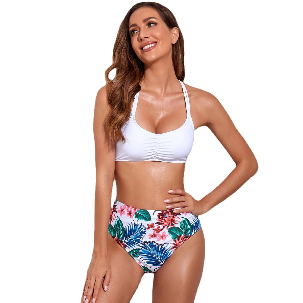 Pleated Bikini Sexy High Waist Printed Split Swimsuit Women