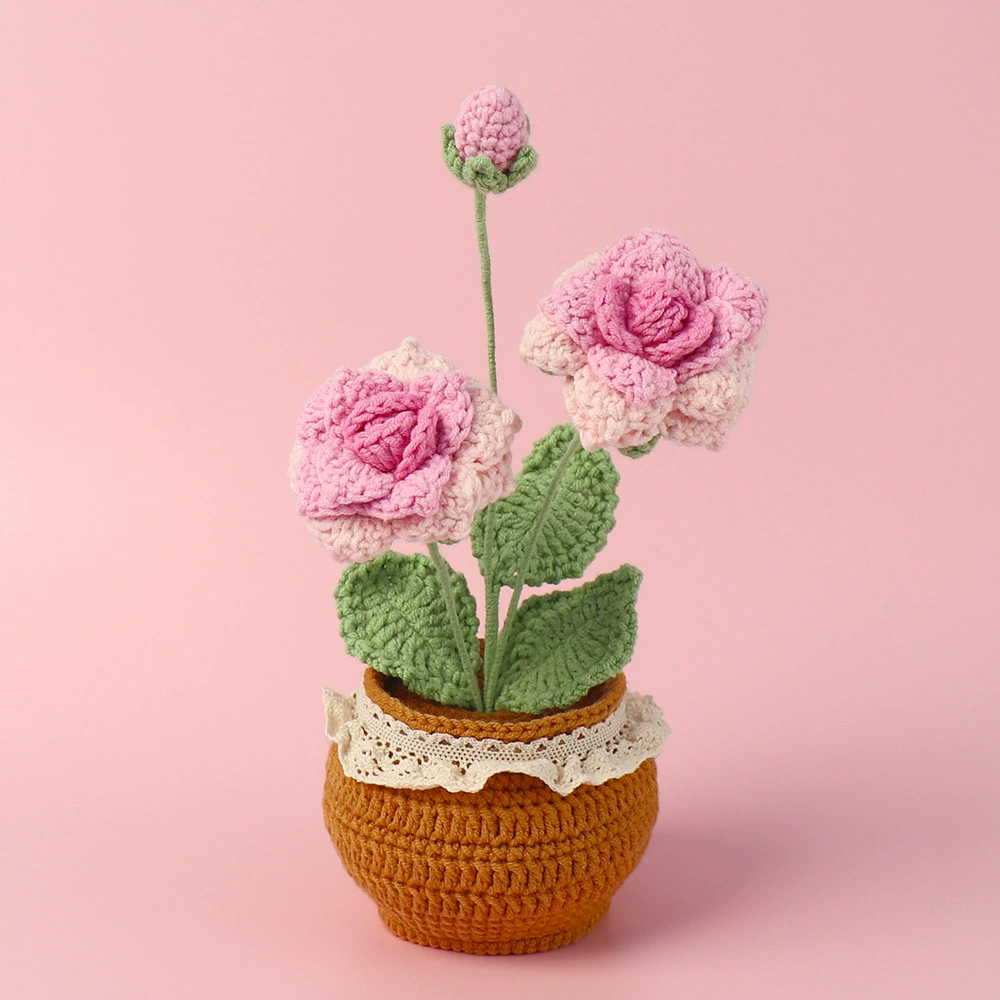 Handmade Crochet Rose Potted Plant Yarn Flower for Home Decor Gift