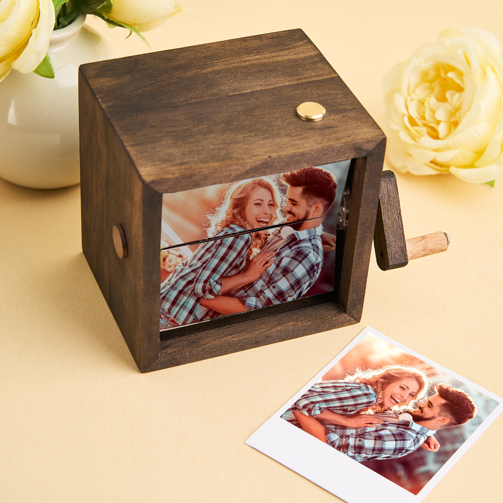 Custom Artisanal Flipbook Photo Display Personalized Walnut Hand-Cranked Cube with Light Perfect Gift - Get Photo Blanket