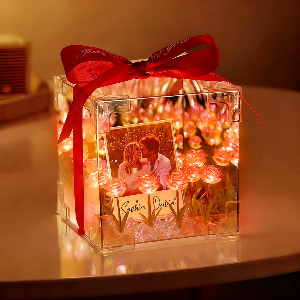 Custom Photo Flower Infinity DIY Infinity Mirror Flower Box with Your Picture and Text Night Light