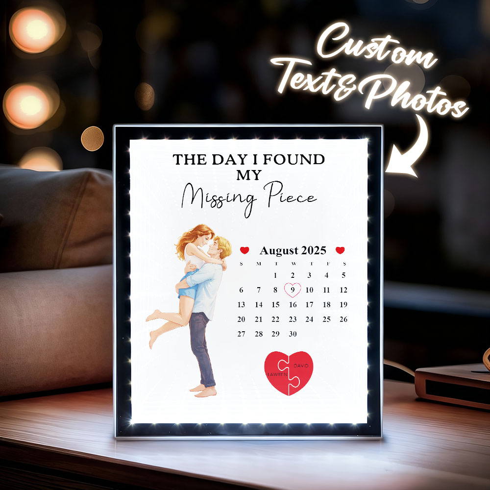 Romantic LED Photo Frame Calendar with Love Quote, Missing Piece Heart Puzzle Night Light Couple Gift