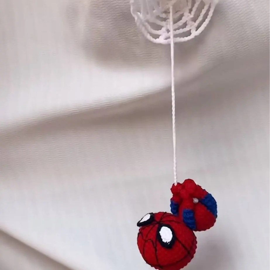 Handmade Crochet Web-Slinging Hero Car Mirror Charm – Adjustable Hanging Red & Blue Hero Plush with Spidey Web Accessory, Car Interior Decoration Bag Charm