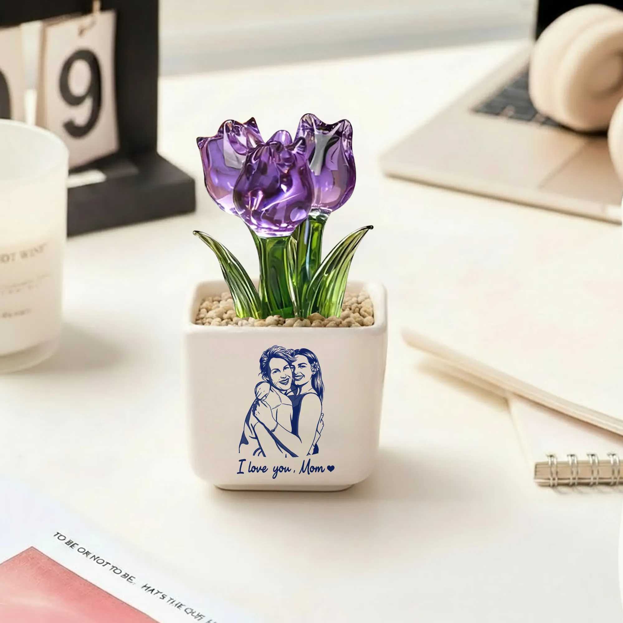 Personalized Photo Glass Tulip Potted Plant - Custom Flower Pot with Picture, Photo Gift for Mom, Mother’s Day Gift, Birthday Gift for Mom - Personalized Photo Glass Tulip