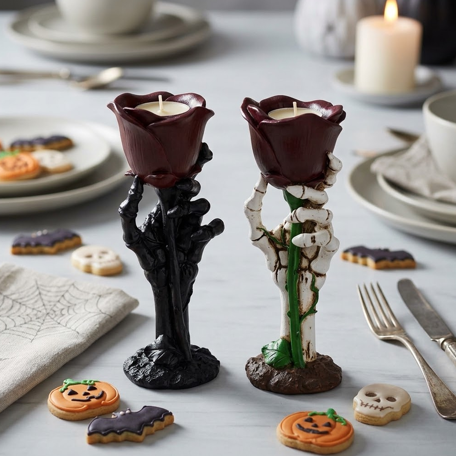 Halloween Skeleton Hand Rose Candle Holder – Vintage Gothic Resin Tealight Stand for Spooky Romantic Home Decor