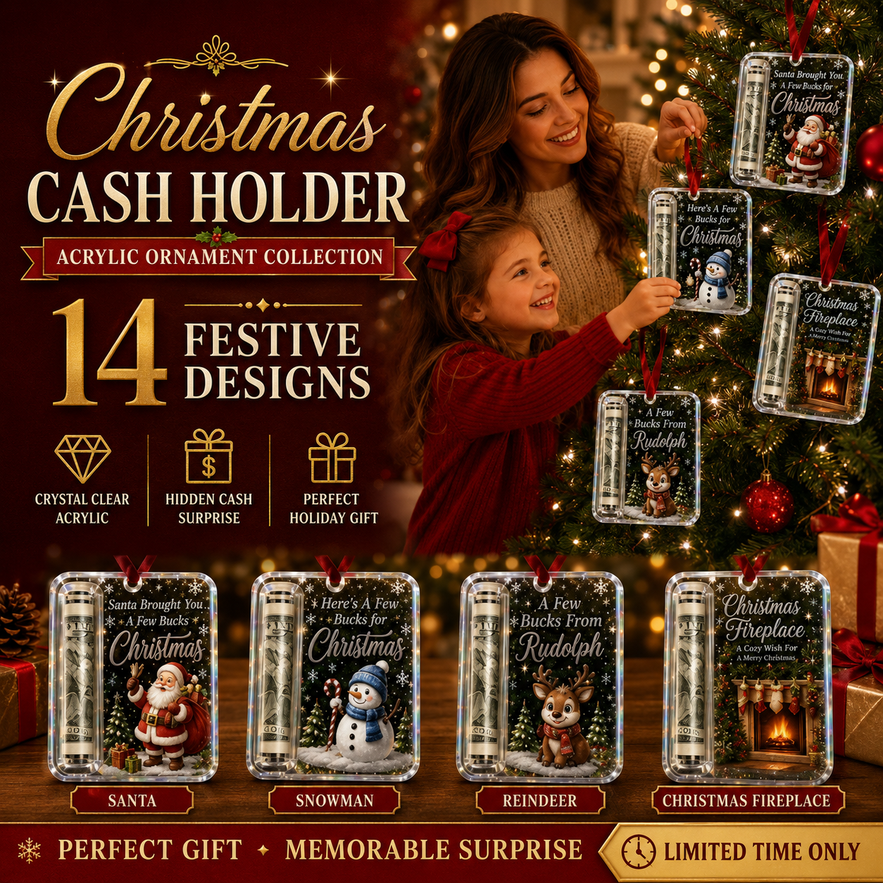 Christmas Cash Holder Ornament – Clear Acrylic Holiday Gift Surprise for Family & Friends