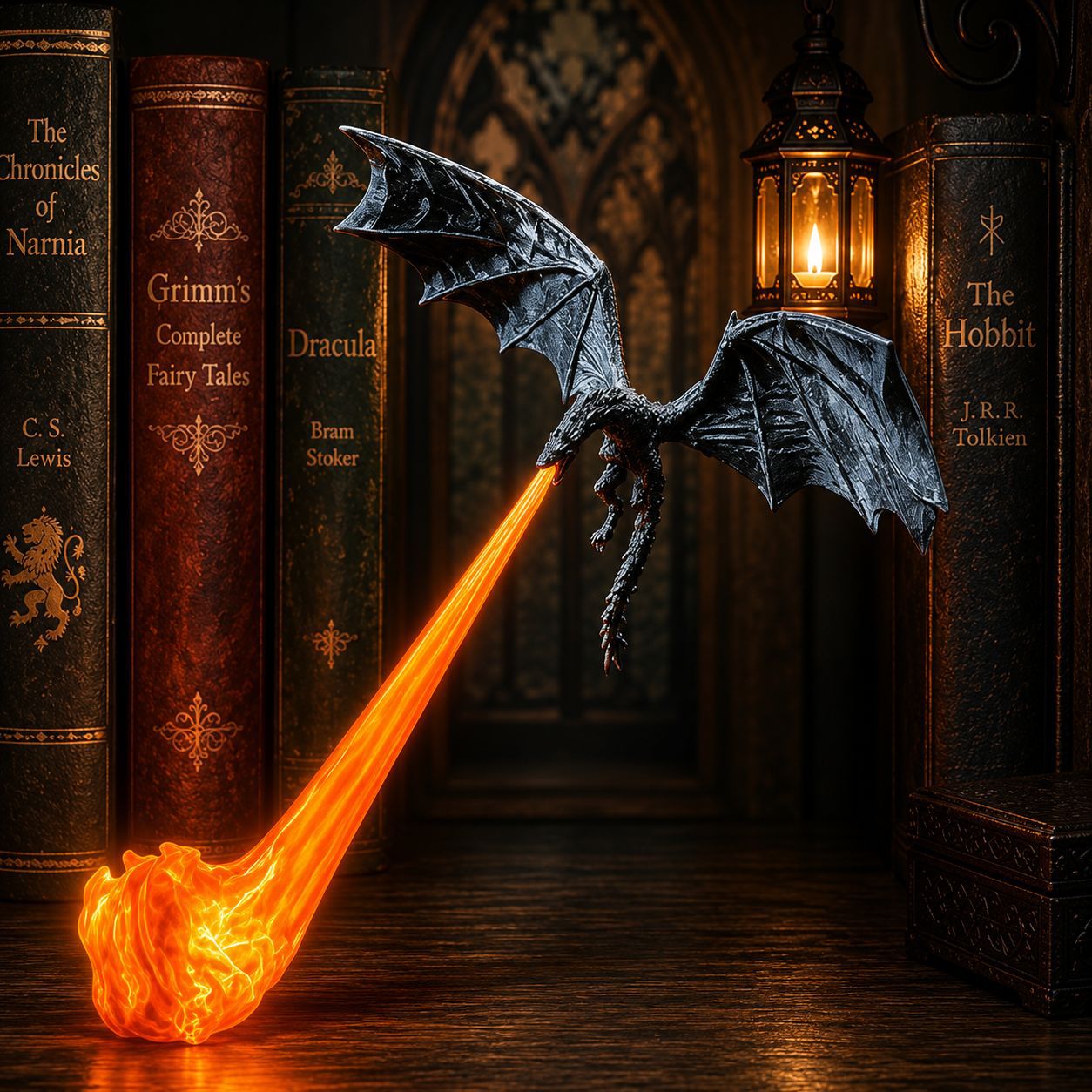 3D Printed Floating Fire Dragon Desk Lamp – Fire-Breathing Flying Dragon Night Light with Flame Base, LED Ambient Light, Fantasy Room Decor & Gift for Fantasy Lovers