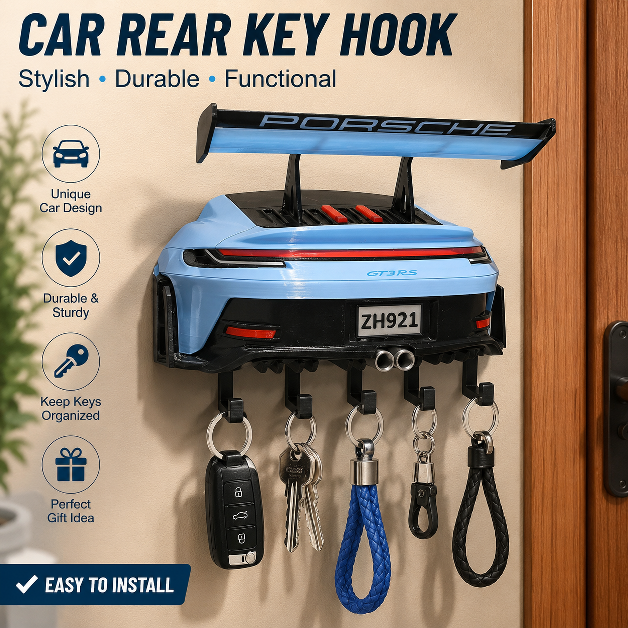Sports Car Rear Model Wall Key Holder – Multi-Color Decorative Hook for Car Lover