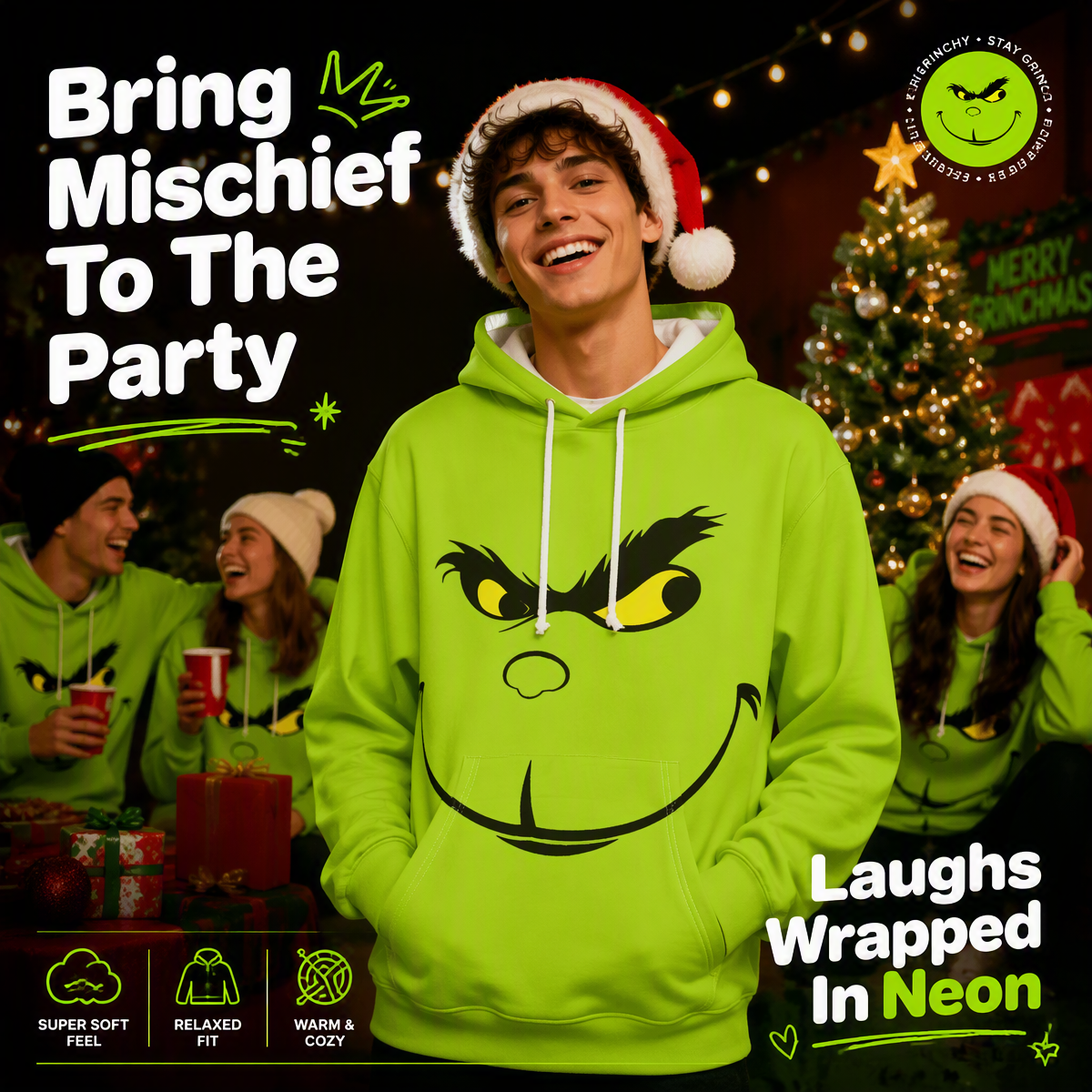 Funny Green Monster Face Hoodie – Graphic Smirk & Grumpy Face Printed Christmas Pullover Sweatshirt, Festive Holiday Cosplay Apparel
