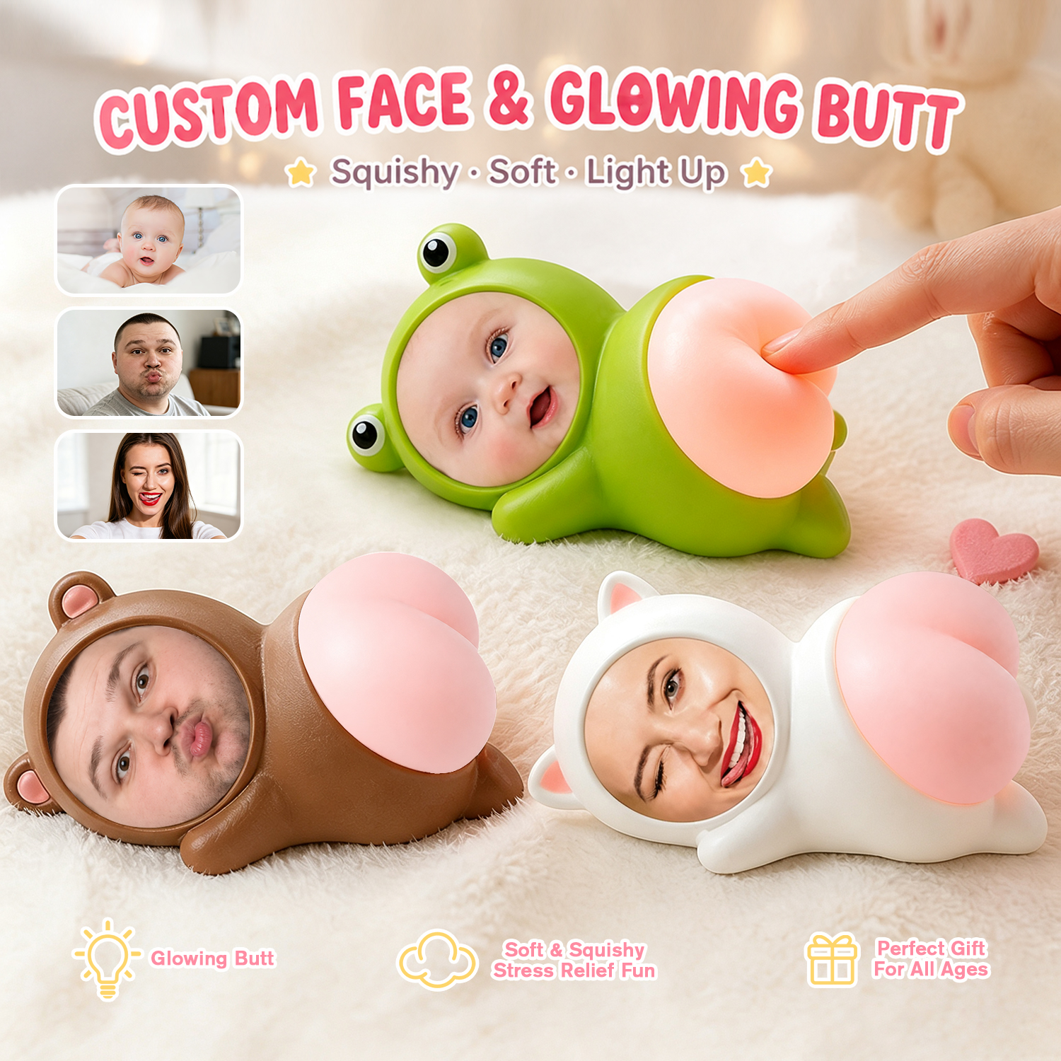 Custom Photo Squishy Toy, Personalized Face Stress Relief Squeeze Toy with Interactive Light-Up Feature, Creative Gift for Kids and Friends