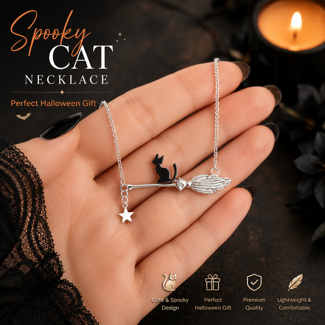 Whimsical Cat on Broomstick Necklace – Moonlit Star Charm Pendant for Cat Lovers and Everyday Gift Giving