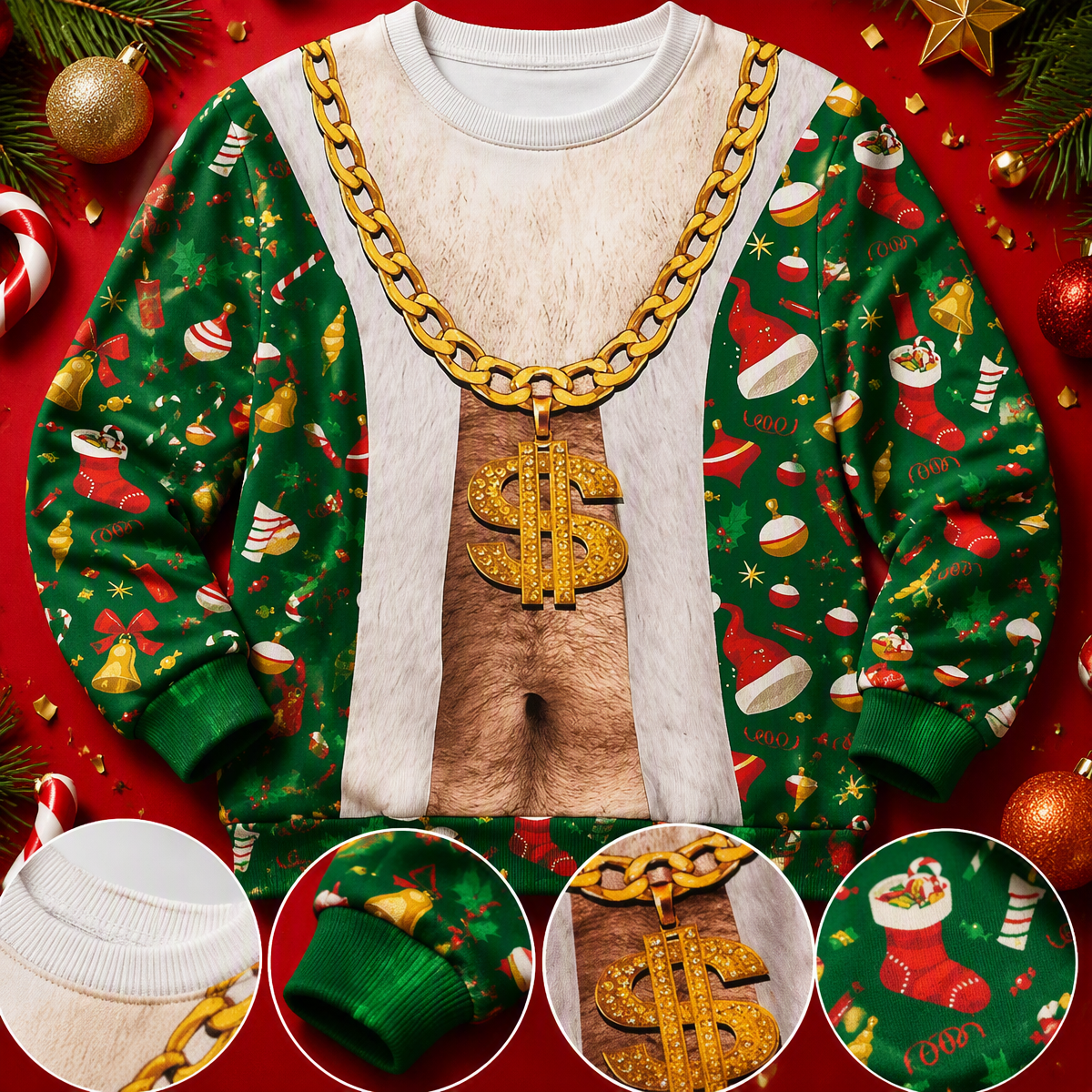 Funny Hairy Chest & Gold Chain Ugly Christmas Sweater – 3D Printed Hairy Belly Christmas Tree Pattern Pullover Sweatshirt, Hilarious Holiday Party Outfit