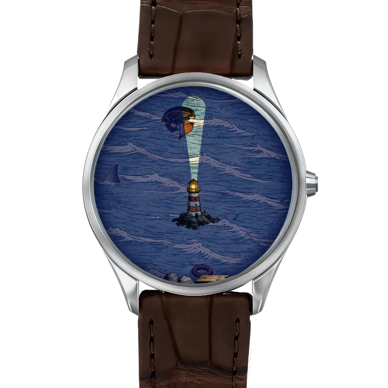 "The Lost Voyage" Lighthouse & Pirate Ship Artistic Watch – Creative Novelty Wristwatch with Rotating Beam Minute Hand & Floating Vessel Hour Indicator