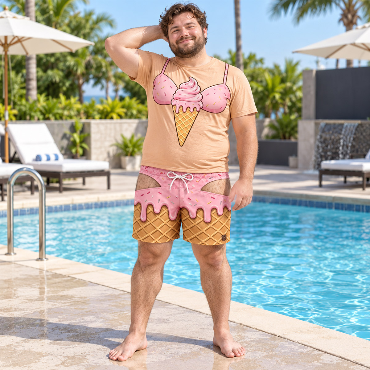 Funny Fake Bikini Graphic T-Shirt & Shorts Set, 3D Printed Hawaiian Summer Beach Short Sleeve Outfit