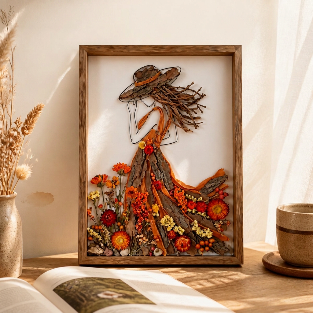 Custom Faux Bark & Floral Silhouette Art Frame – Personalized Artificial Botanical Line Portrait, 3D Faux Flower Shadow Box Wall Decor, Unique Gift for Women