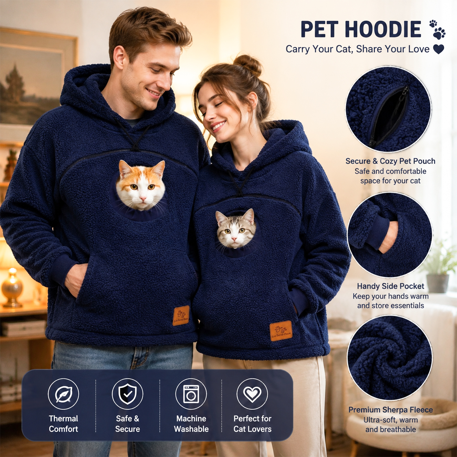 Pet Fleece Pocket Hoodie – Cozy Pullover with Oversized Front Pouch for Small Pets, Warm Casual Sweatshirt