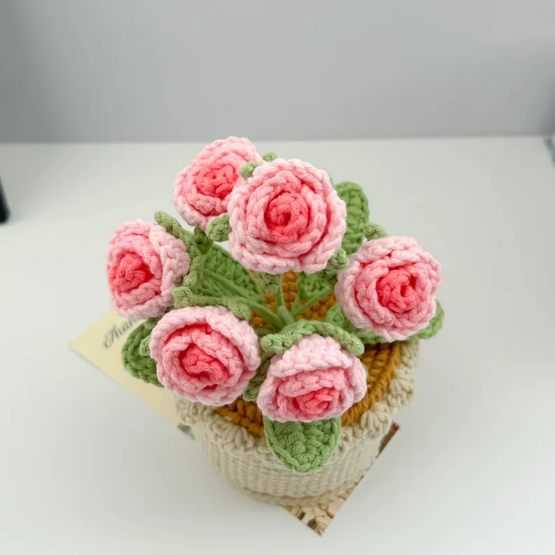 Handmade Yarn Flower Gift for Home Decor Crocheted Rose Potted Plant