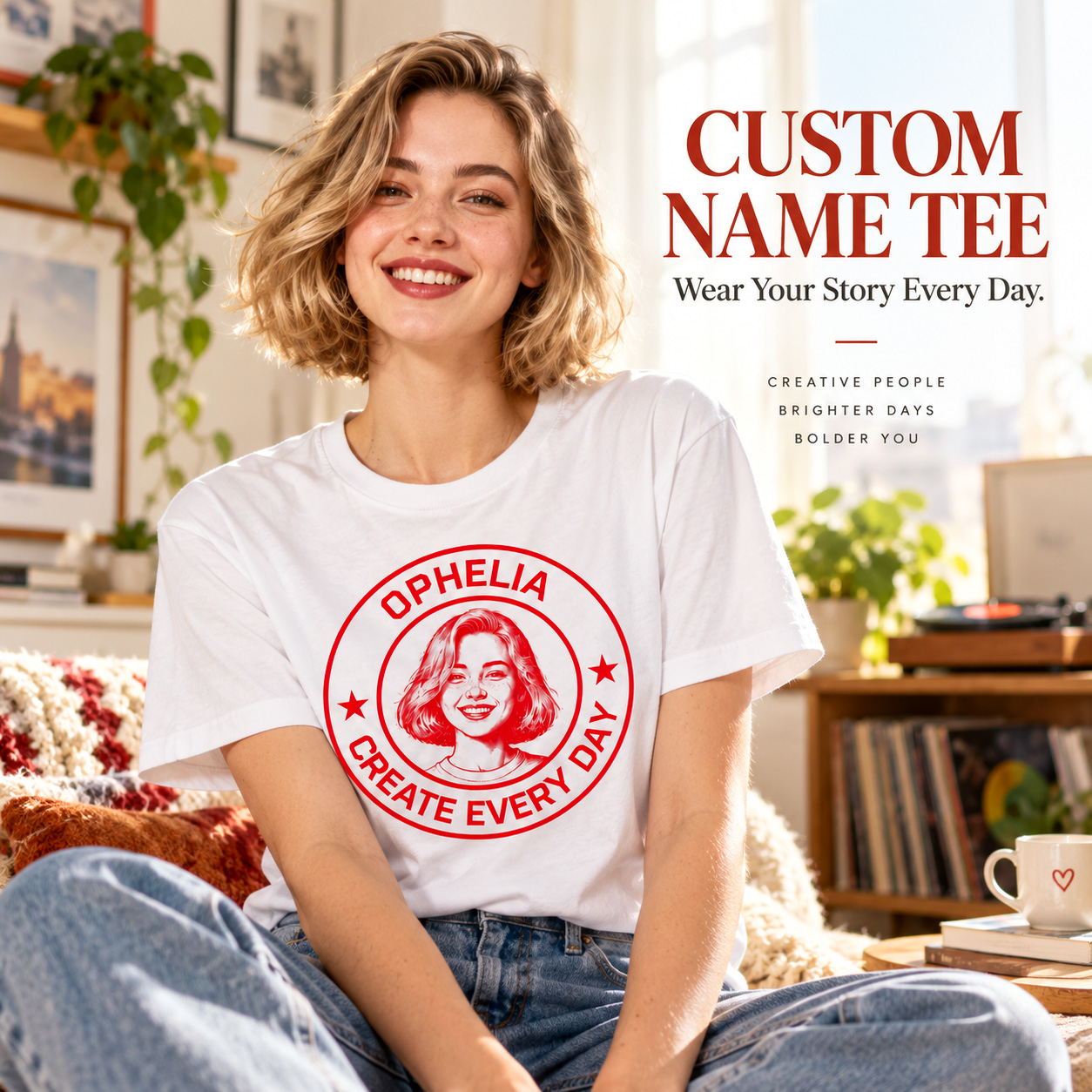 Custom Photo Portrait Stamp T-Shirt, Personalized Circular Emblem T-Shirt with Custom Top & Bottom Text