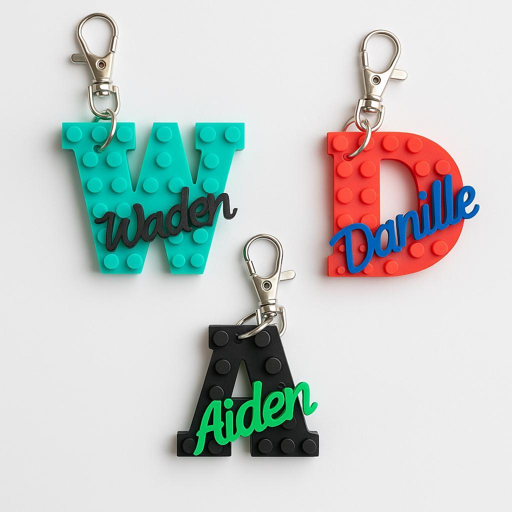Custom Building Block Intial Letter Name tag Brick Style Name Keychain, Personalized Birthday favor, Colorful Brick Style school bag name