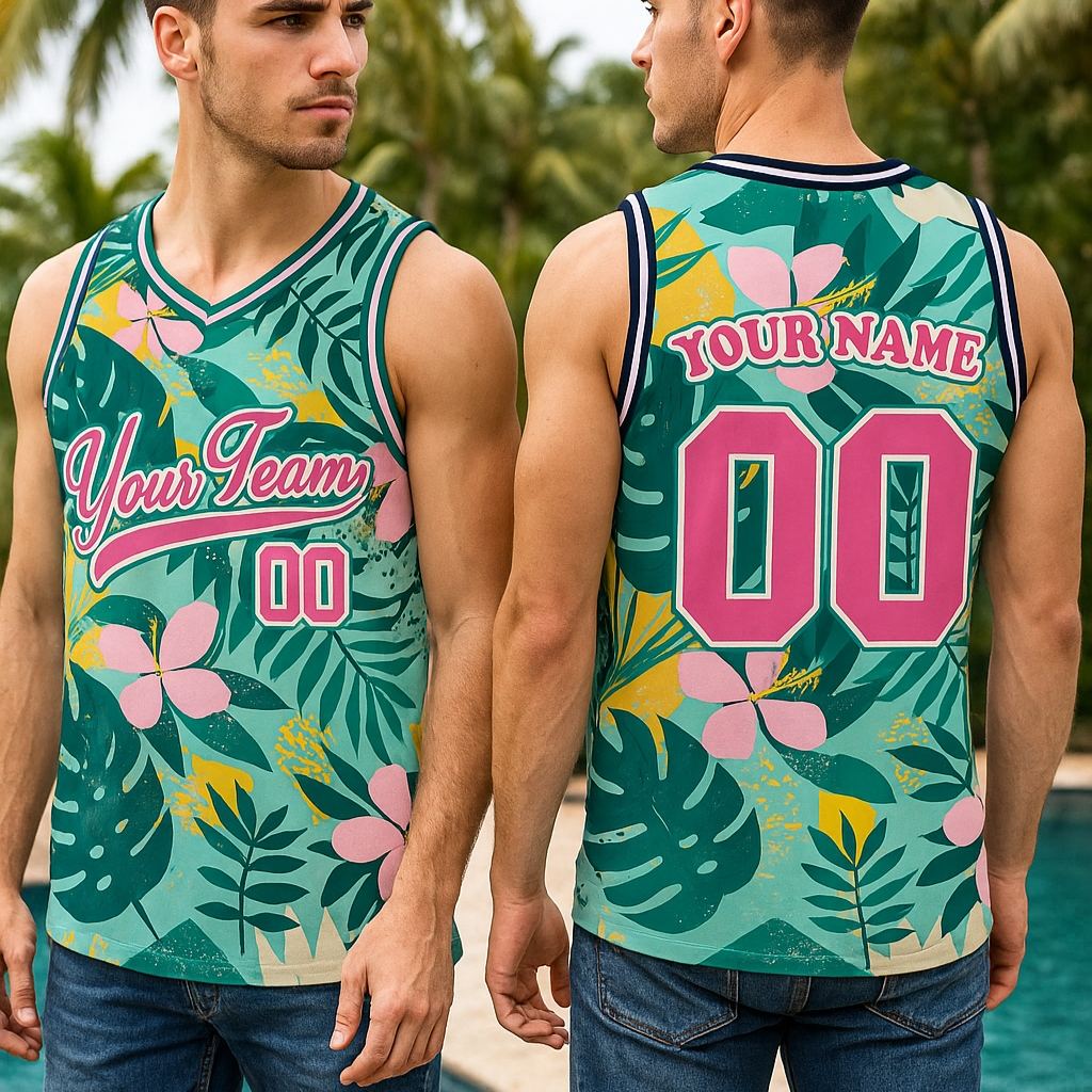 Custom 3D Pattern Tropical V Shape Hawaii Leaves Basketball Jersey With Name & Number