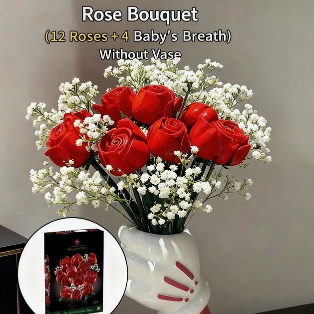 Cartoon Hand Rose Bouquet Building Blocks Creative Desk Decor & Romantic Gift For Couple