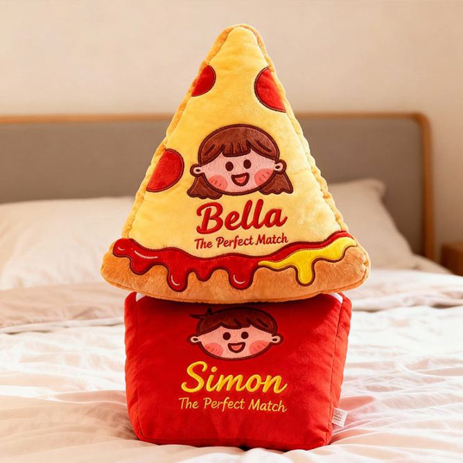 Personalized Cheese Pizza Girl and Crispy Fries Boy Pillow with Name & Face Custom Couple Cushion Gift for Her/Him