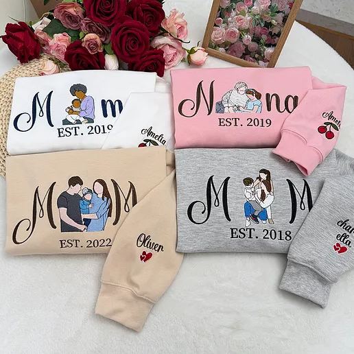 Custom Embroidered Mum Sweatshirt with Mum Kids Portrait - MyHawaiianShirts