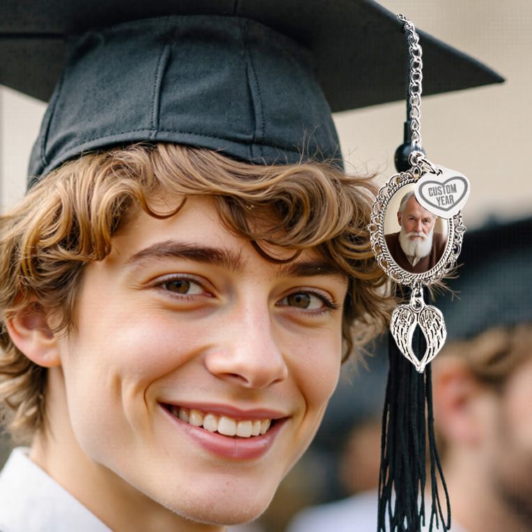 Persoanlized Graduation Tassel Photo Charm with Angel Wings, Memorial Graduation Gift For Her, Graduation 2025
