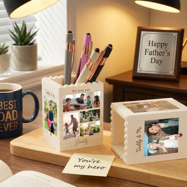 Personalised Daddy & Me Brick Photo block Pencil Pot, Brick-Inspired Organizer, Gifts for Dad, Kids, Chirlren, Student