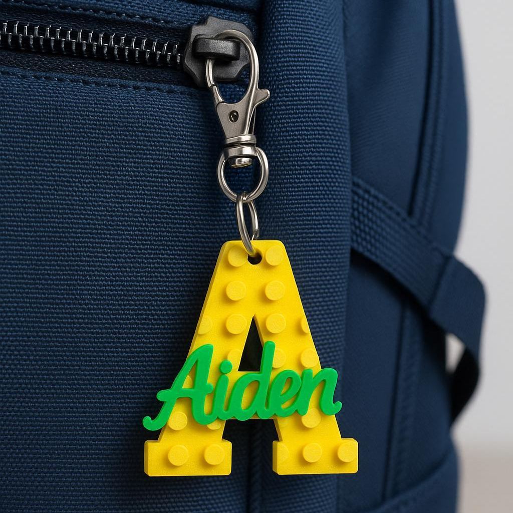 Custom Building Block Intial Letter Name tag Brick Style Name Keychain, Personalized Birthday favor, Colorful Brick Style school bag name