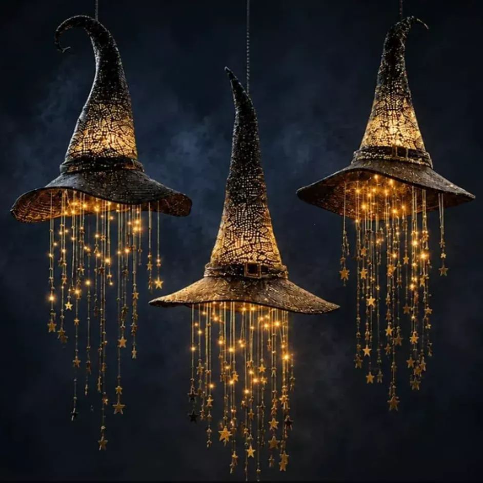 LED Light-Up Witch Hat Hanging Ornament - Glowing Halloween Party Decor