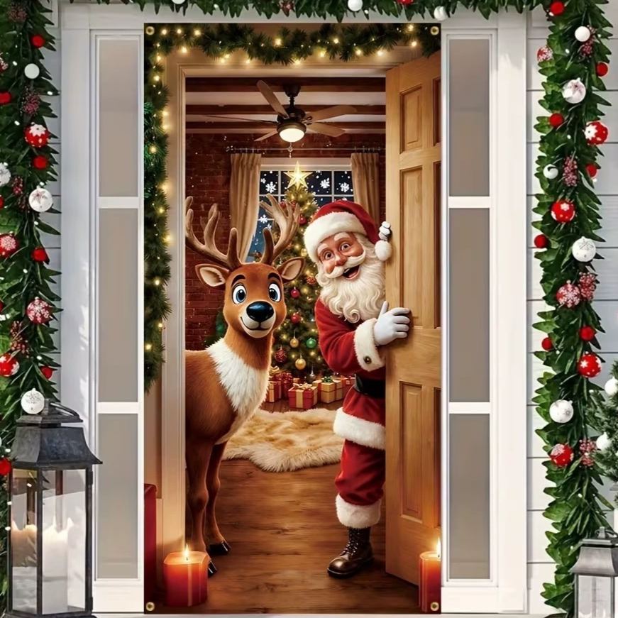 Christmas Door Cover - Christmas Door Decoration Banner with Santa, Reindeer & Christmas Tree Designs