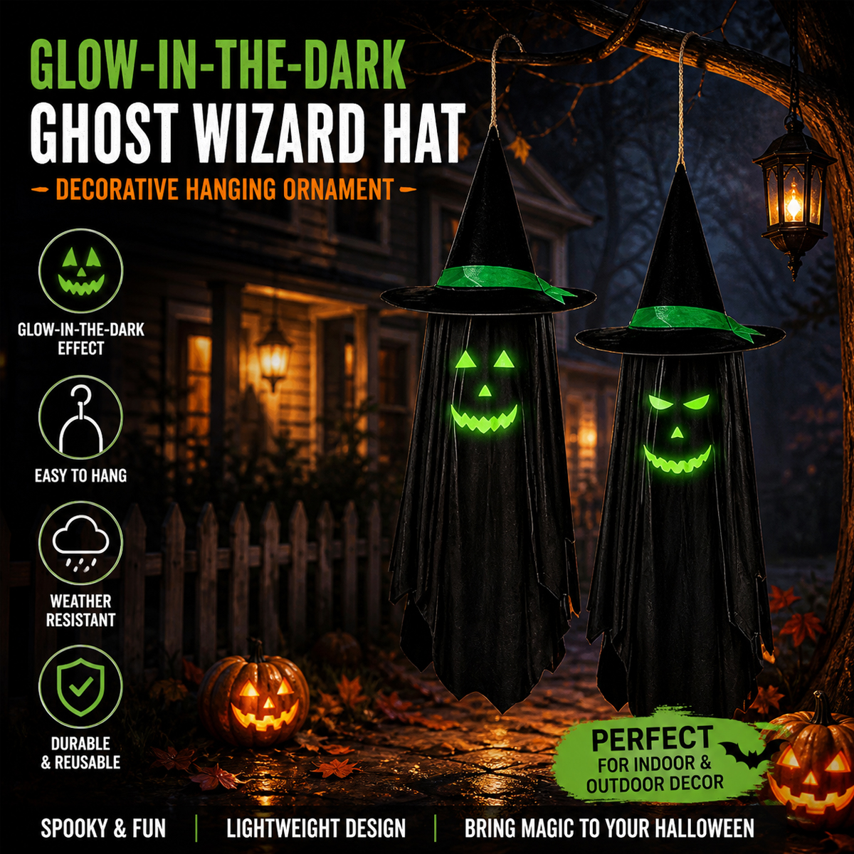 Halloween Glow-in-the-Dark Witch Hat Ghost Decoration – Hanging Door Decor for Home & Party