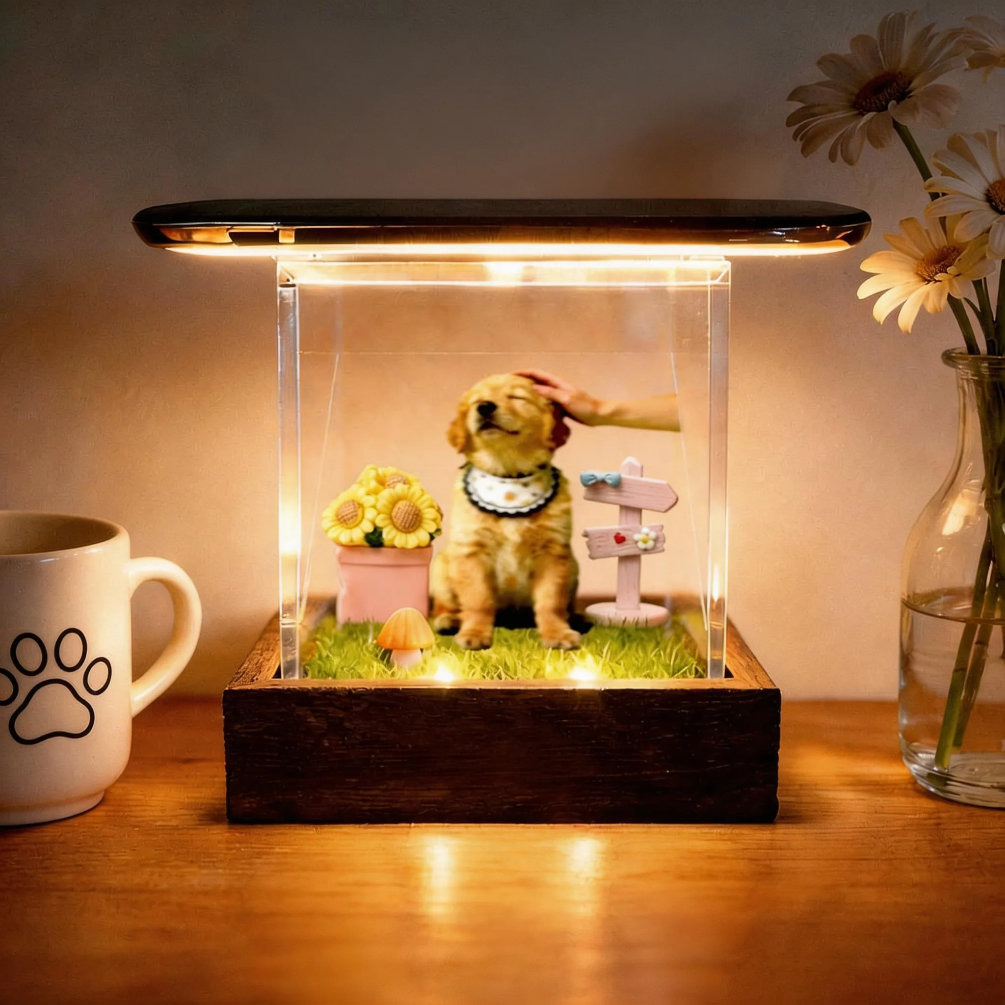 Holographic-style Illusion Lumina Boxes Custom Pet Digital Hologram House with Wooden Base Custom Merry Video With Text