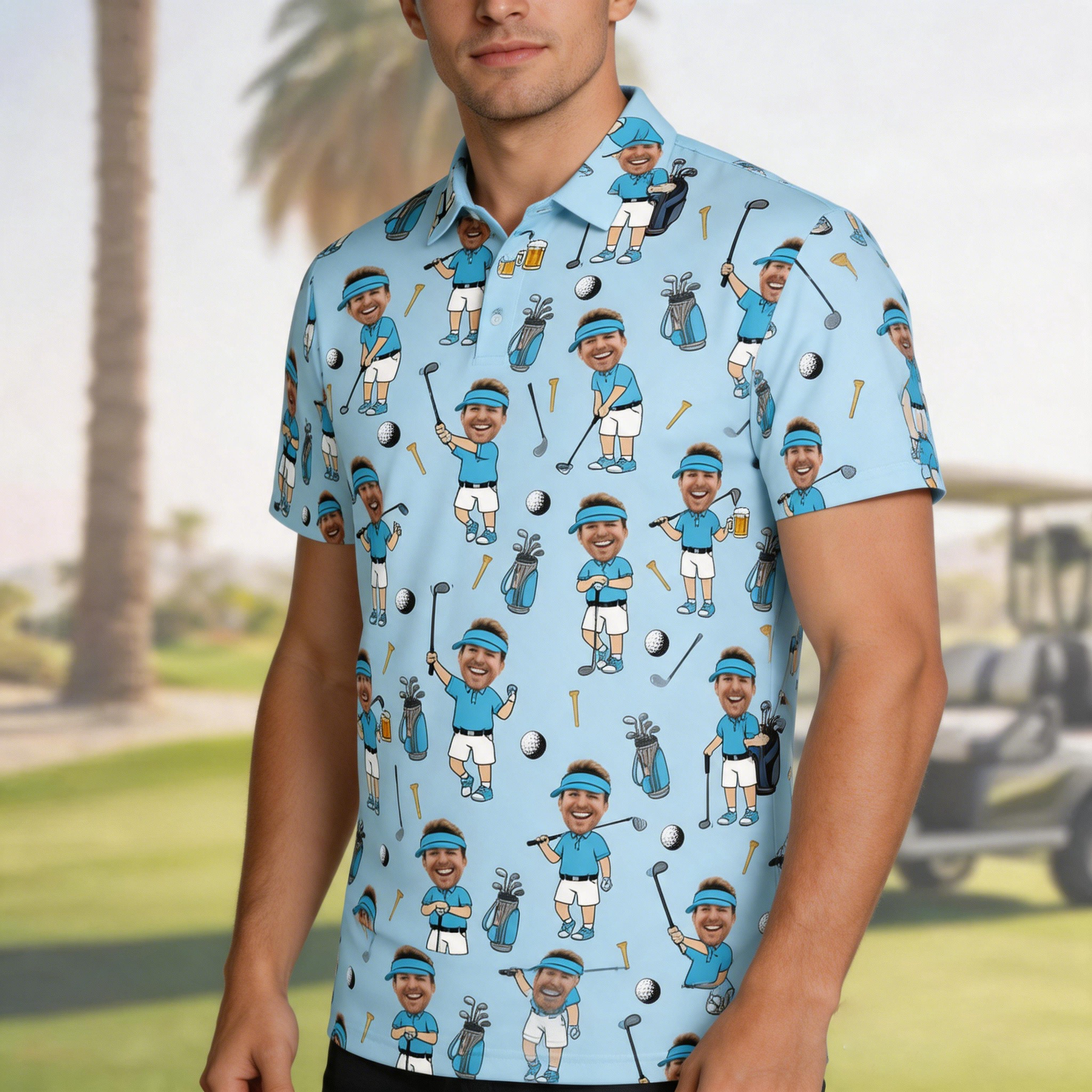 Custom Face Golf Polo Shirt for Men, Funny Cartoon Golfer Shirt, Matching Golf Team Polo, Summer Golf Shirt, Personalized Golf Lover Gift