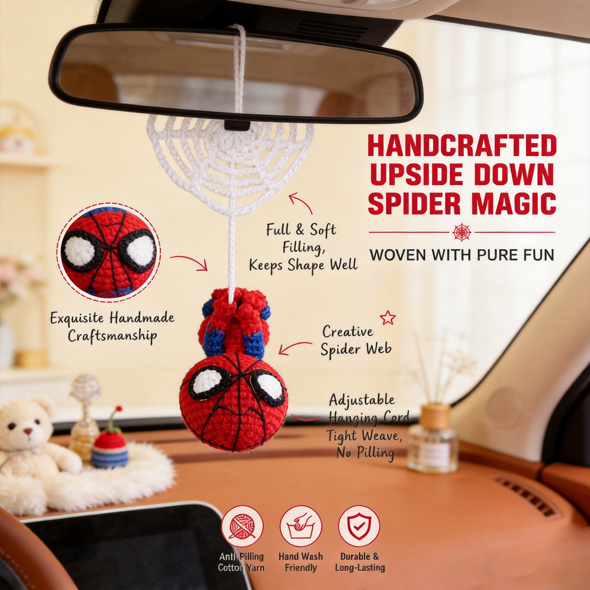 Handmade Crochet Web-Slinging Hero Car Mirror Charm – Adjustable Hanging Red & Blue Hero Plush with Spidey Web Accessory, Car Interior Decoration Bag Charm