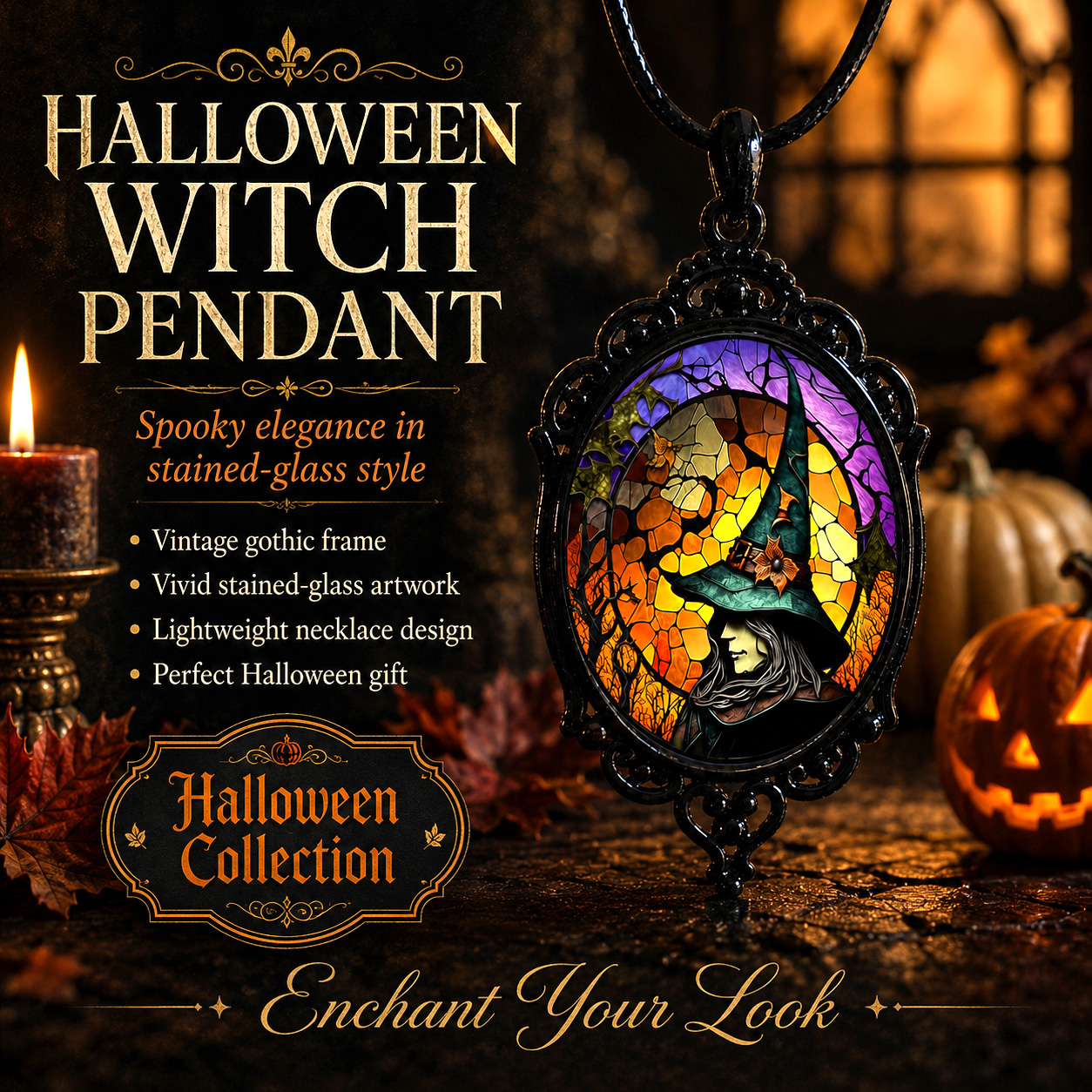 Vintage Gothic Raven Cross Necklace – Stained Glass Witch Pendant for Halloween, Dark Academia and Alternative Style