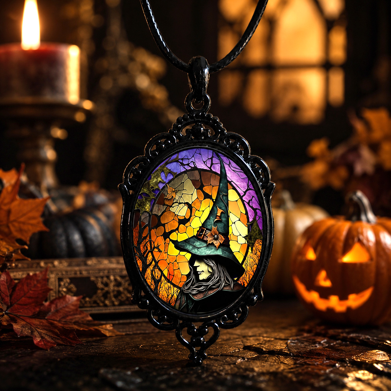 Vintage Gothic Raven Cross Necklace – Stained Glass Witch Pendant for Halloween, Dark Academia and Alternative Style