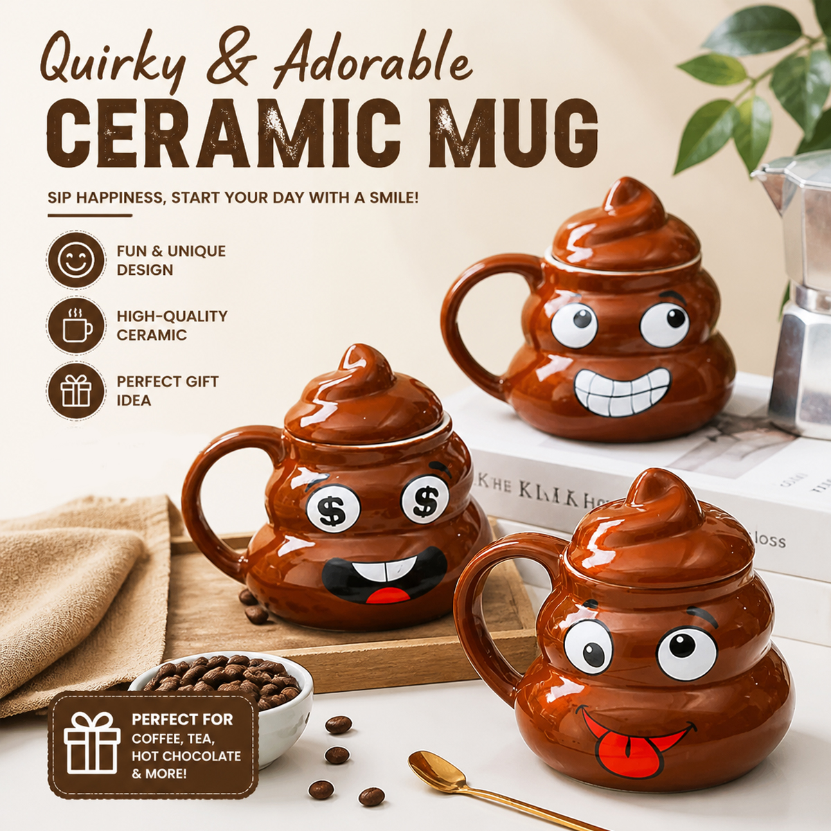 Funny Cute Poop-Shaped Ceramic Mug – Quirky Novelty Coffee Cup, Gag Gift and Birthday Present
