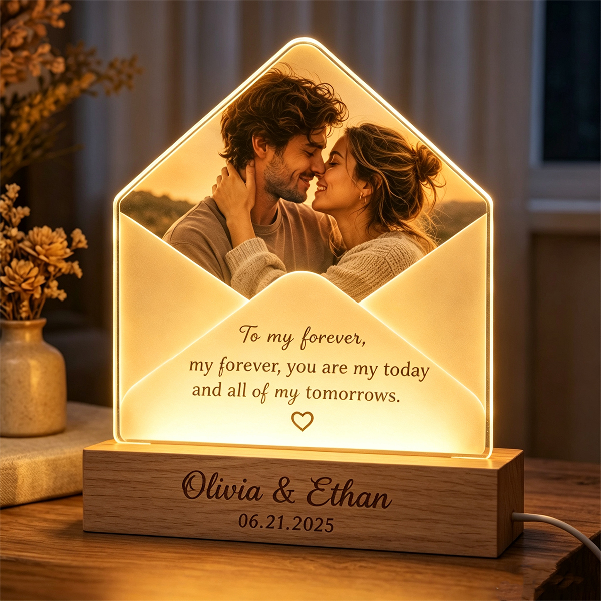 Personalized Envelope Photo Lamp for Anniversary Gift – Custom Name & Date LED Night Light for Couples