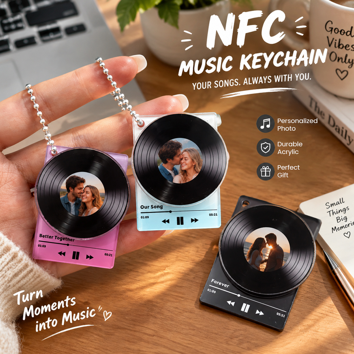 Personalized Photo Music Keychain, Custom Vinyl Record NFC Keychain with Song, Romantic Gift for Couples
