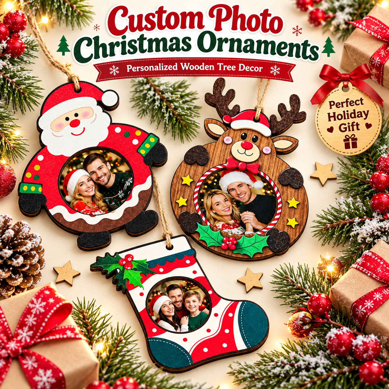 Personalized Christmas Photo Wooden Ornaments – Custom Picture Frame Hanging Tree Decor & Holiday Keepsake Gift