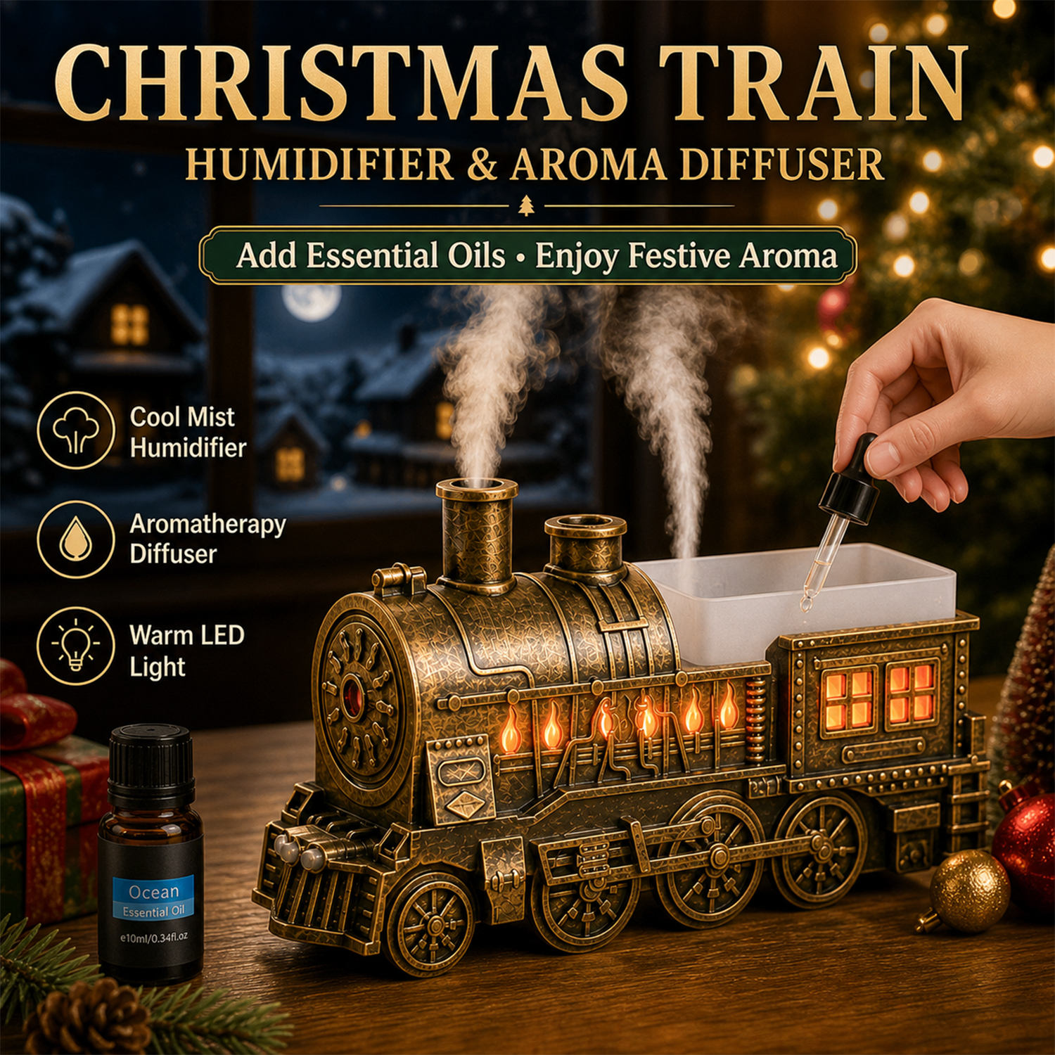 Vintage Train Humidifier – Christmas Decorative Mist Maker, Festive Holiday Home Decor