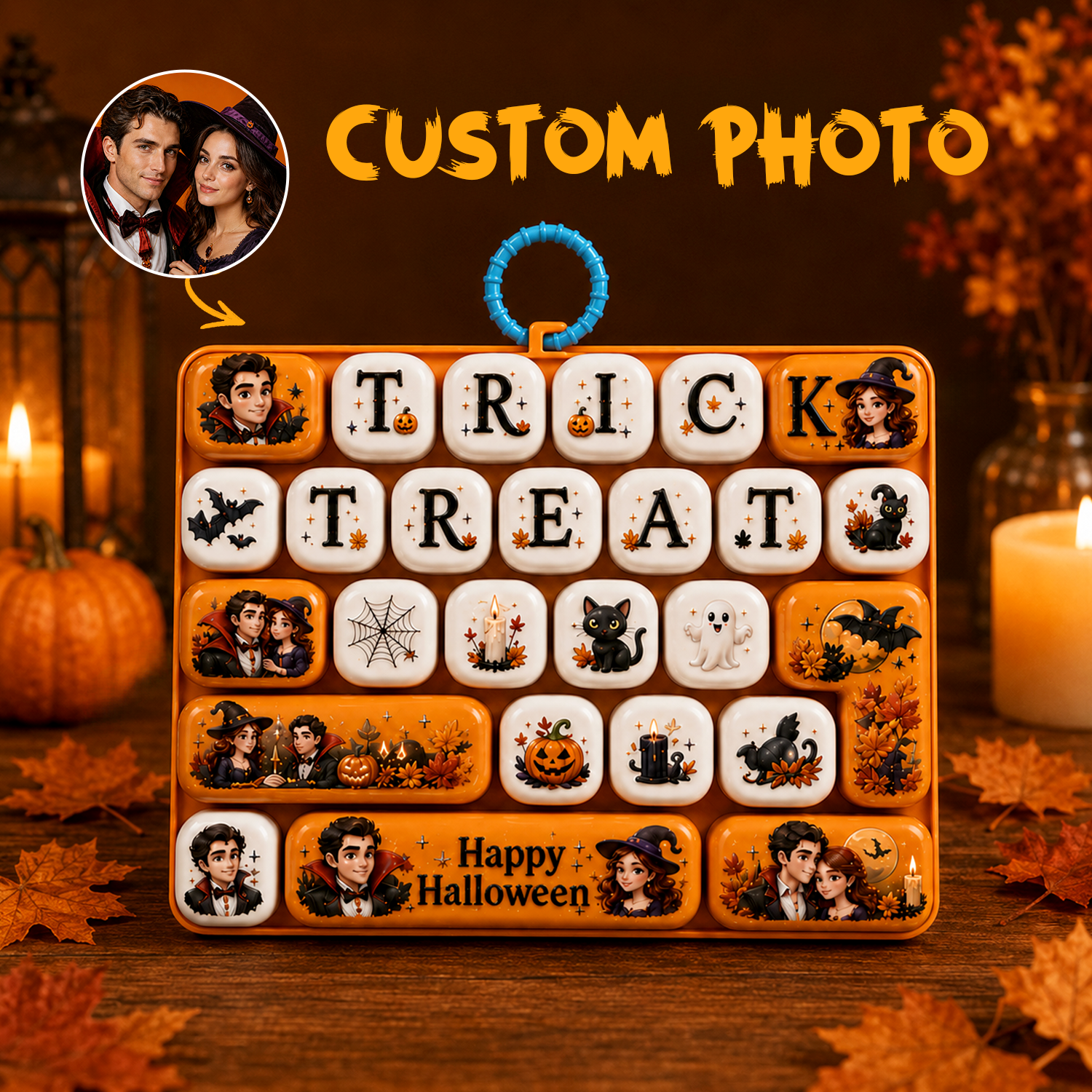 Custom Photo Halloween Keyboard Keychain – Funny Squeeze Fidget Accessory Gift