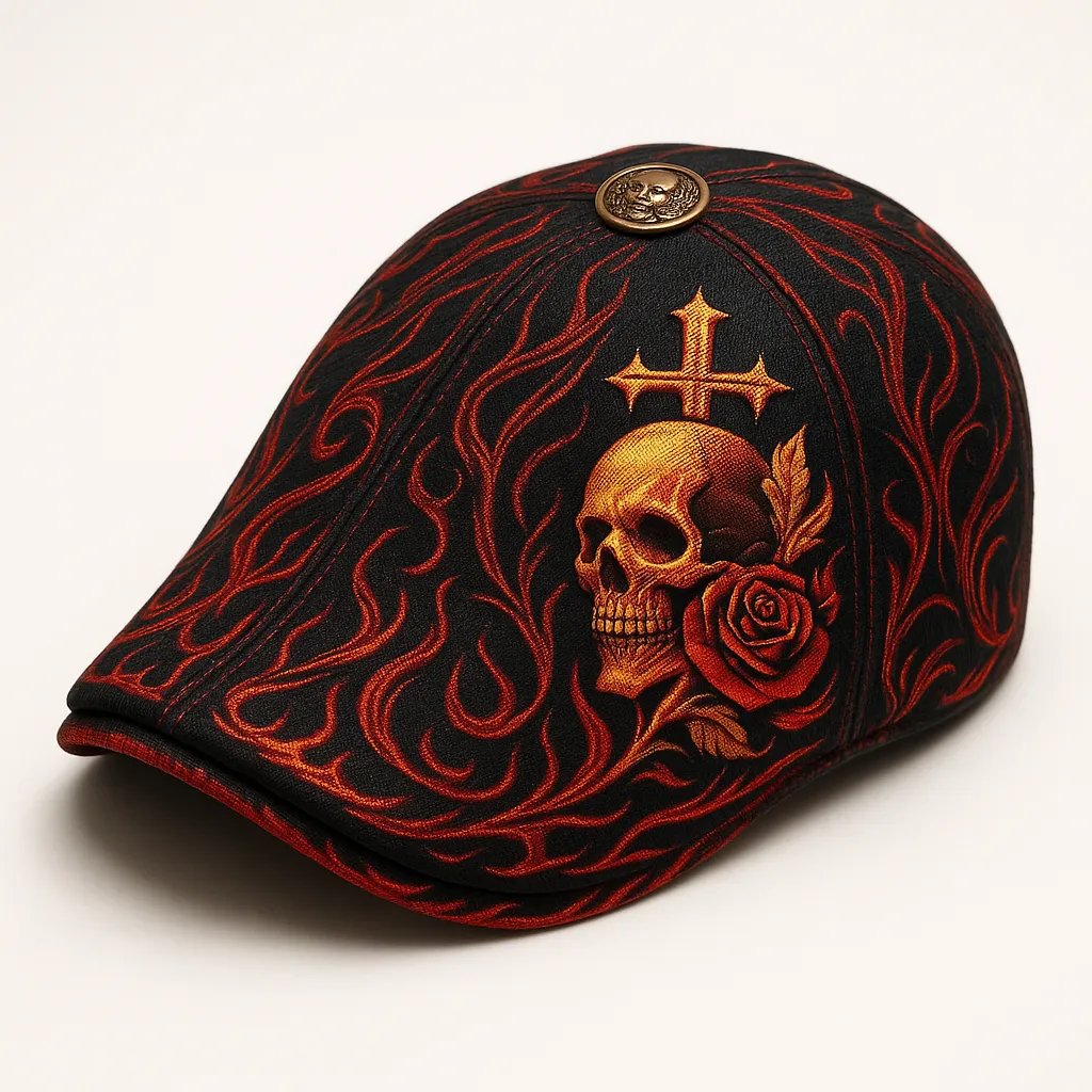 Gothic Skull Flat Cap – Embroidered Rose & Cross Newsboy Hat, Retro Unisex Cap for Men & Women