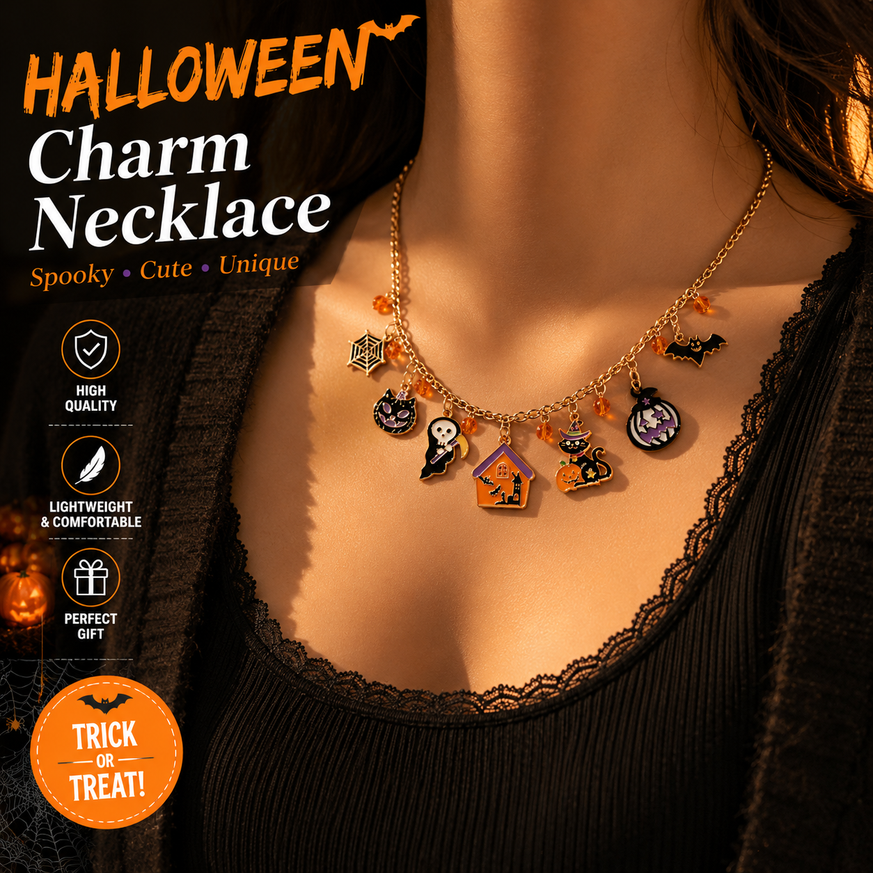 Halloween Charm Necklace for Women – Cute Pumpkin, Ghost & Spider Pendant Jewelry, Festive Halloween Gift for Her