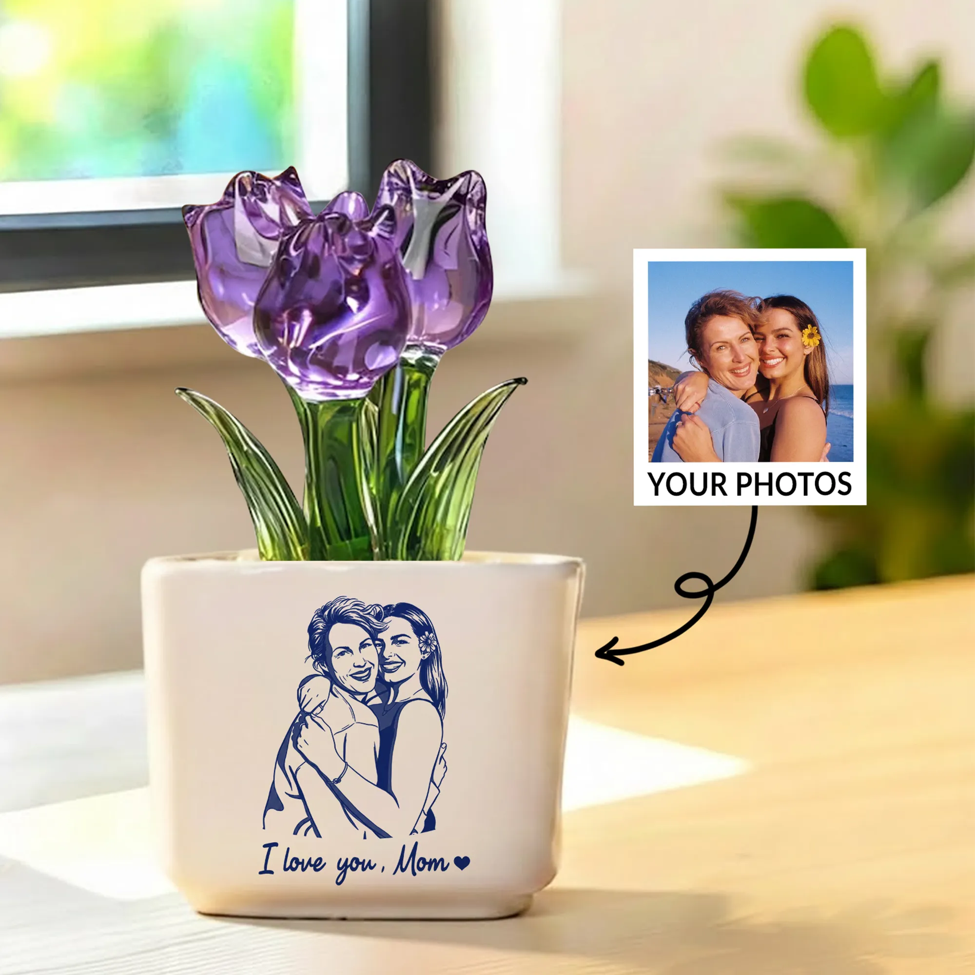Personalized Photo Glass Tulip Potted Plant - Custom Flower Pot with Picture, Photo Gift for Mom, Mother’s Day Gift, Birthday Gift for Mom - Personalized Photo Glass Tulip