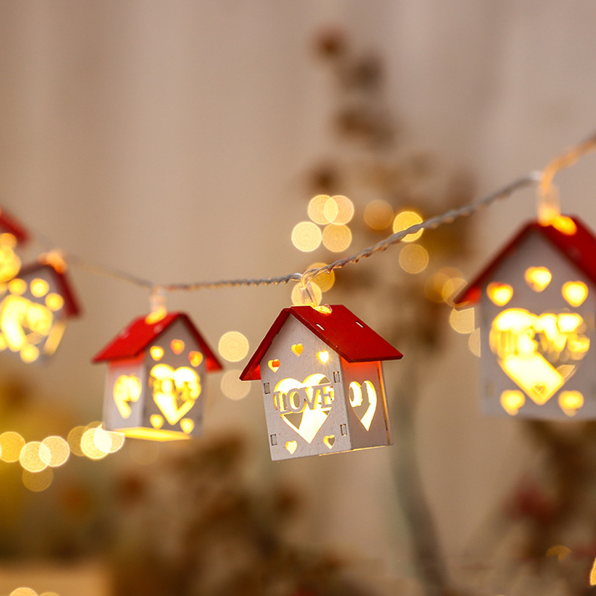 Christmas House String Lights – Creative Wooden LED Warm White Decorative Lights for Holiday Home Décor