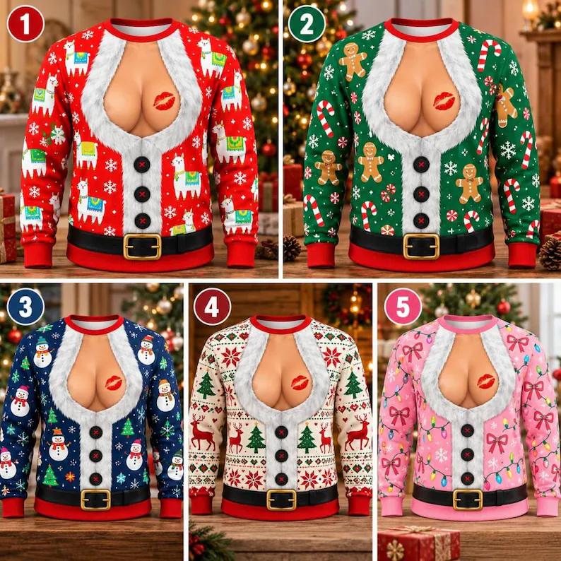 Funny 3D Printed Ugly Christmas Sweater – Hairy Chest, Six-Pack Abs & Cleavage Graphic Sweatshirt, Hilarious Holiday Party Gag Gift for Men & Women